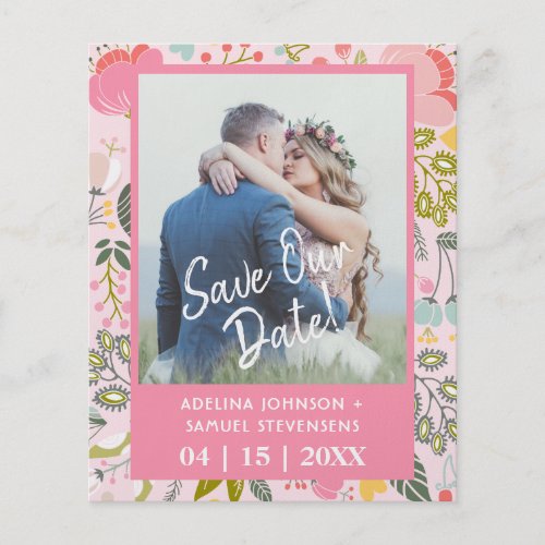 Budget spring wedding floral pink photo save date flyer