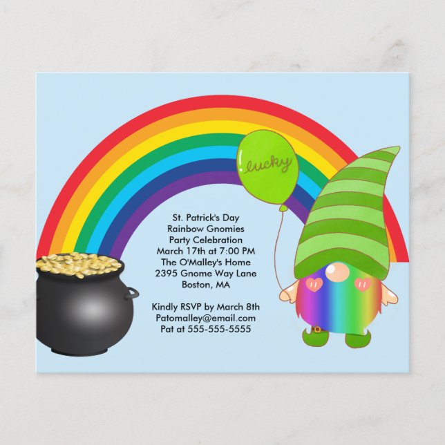 Budget St Paddys Rainbow Gnomies LGBT Party Invite Flyer (Front)