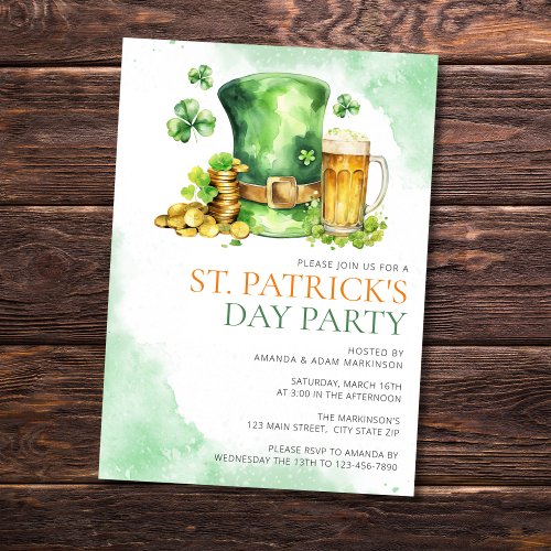 Budget St Patricks Day Watercolor Simple Party Invitation