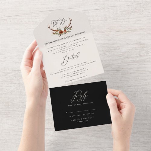 Budget stag black white floral rustic elegant all in one invitation