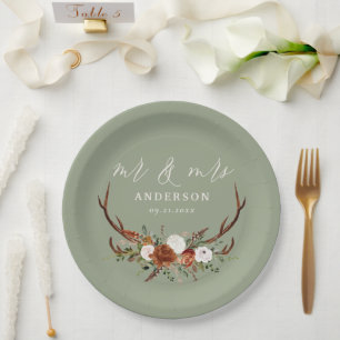 Budget Stag rustic botanical wedding sage green Paper Plates