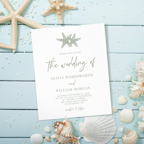 Budget Starfish Sage Green Script Wedding Invite Flyer