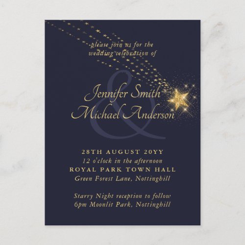 Budget Starry Night Blue Gold Wedding Invitation Postcard