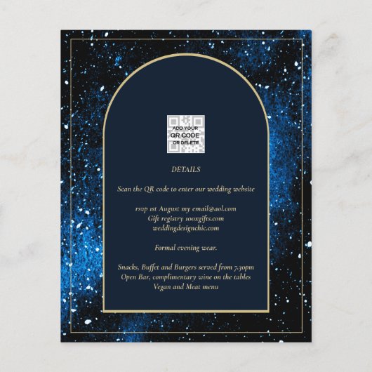 BUDGET Starry Night Navy Blue Gold Wedding INVITE (Back)