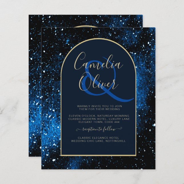 BUDGET Starry Night Navy Blue Gold Wedding INVITE (Front/Back)