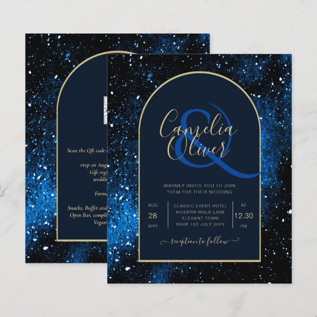 BUDGET Starry Night Navy Blue Gold Wedding INVITE (Front/Back)