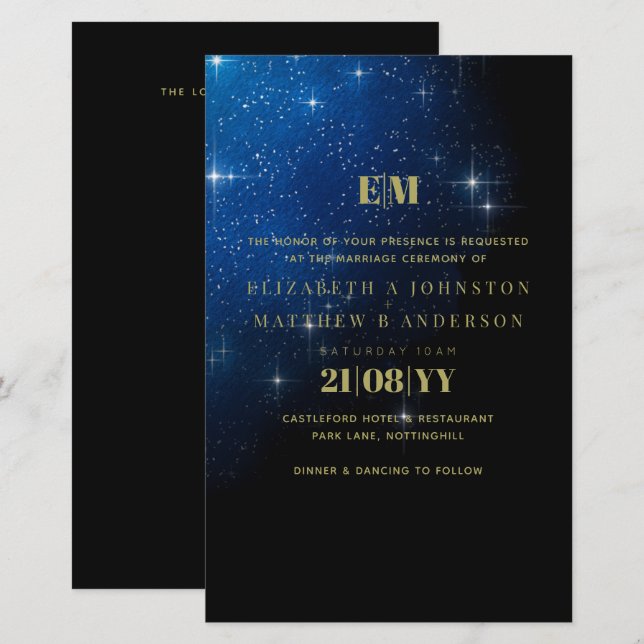 BUDGET Starry Night Navy Gold A9 Wedding Invites (Front/Back)