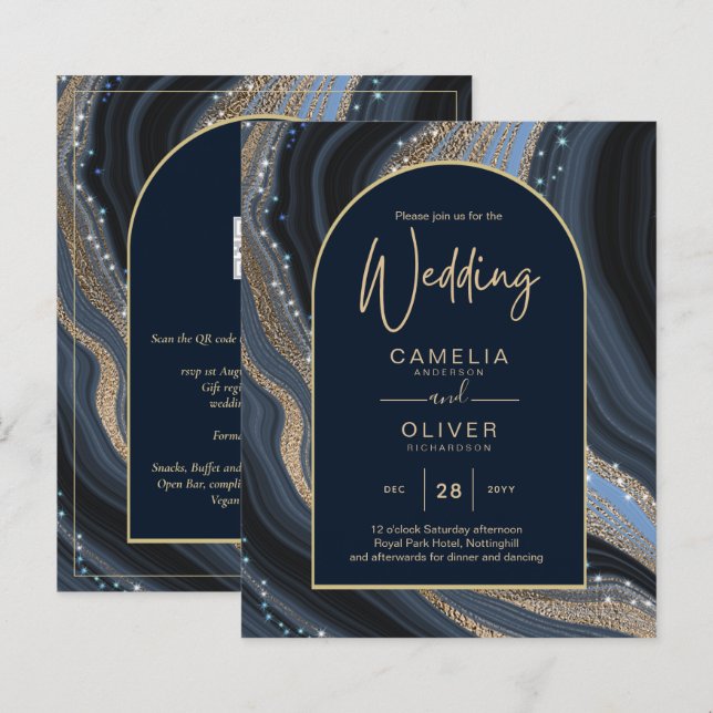 BUDGET Starry Night Navy Gold Agate Wedding INVITE (Front/Back)