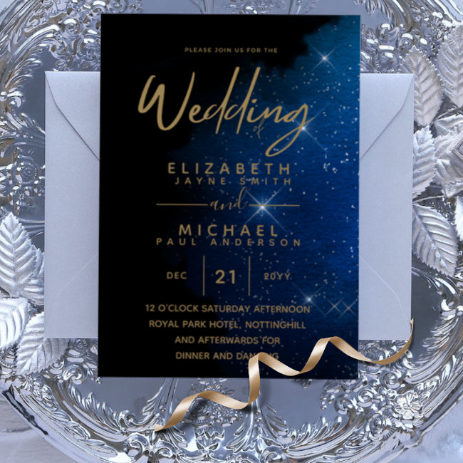 BUDGET Starry Night Navy Gold Wedding Invitation