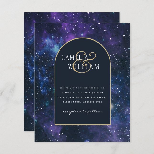 BUDGET Starry Night Purple Blue Wedding INVITE (Front/Back)