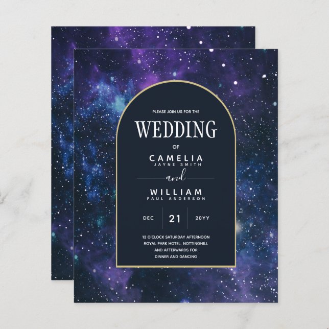 BUDGET Starry Night Purple Blue Wedding INVITE (Front/Back)