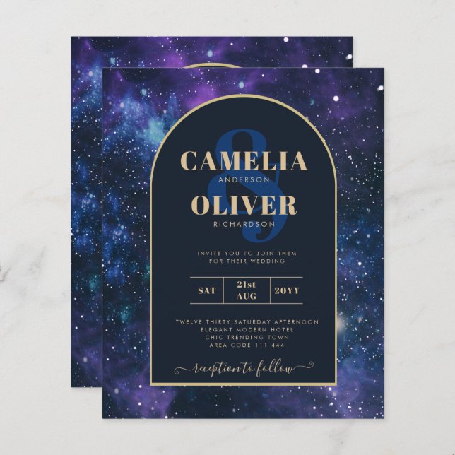 BUDGET Starry Night Purple Blue Wedding INVITE (Front/Back)