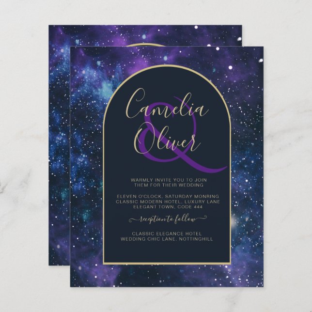 BUDGET Starry Night Purple Blue Wedding INVITE (Front/Back)