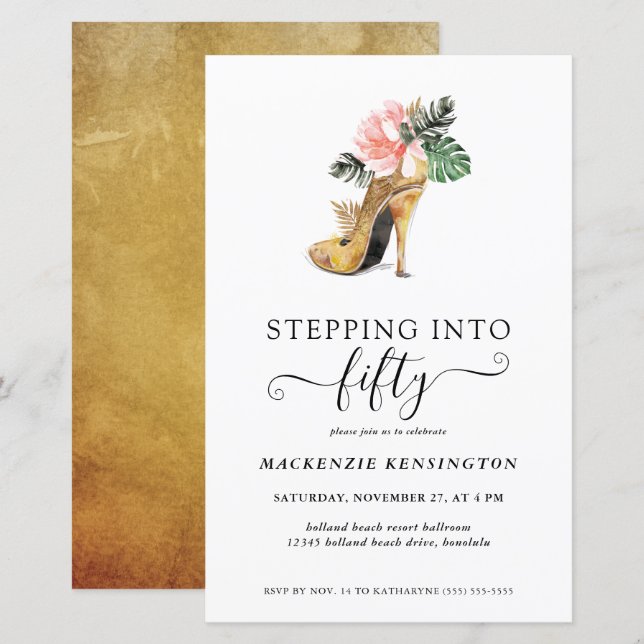 Budget Stepping Into 50 Floral Gold Heels Birthday (Front/Back)