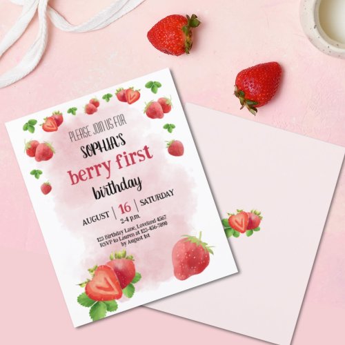 Budget Strawberry 1st Birthday Party Berry Invite
