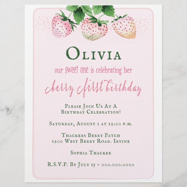 Budget Strawberry 1st Birthday Party Invitation Flyer (Front)