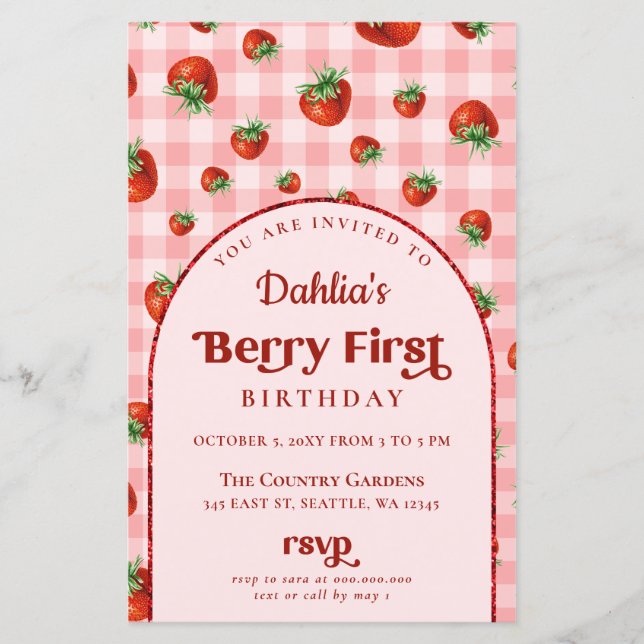 Budget Strawberry 1st Birthday Photo Invitation (Front)
