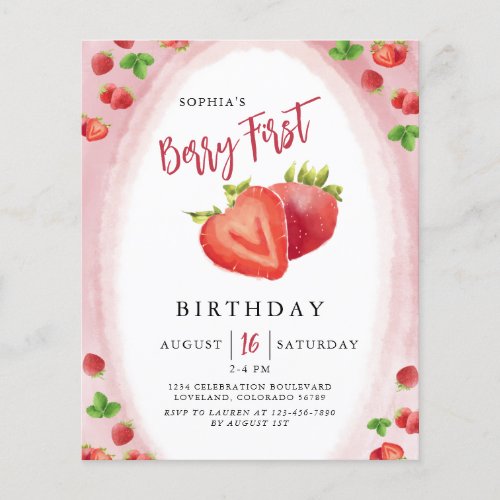 Budget Strawberry Berry First Birthday Invitation