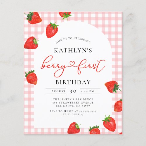 Budget Strawberry Birthday Berry First Invitation