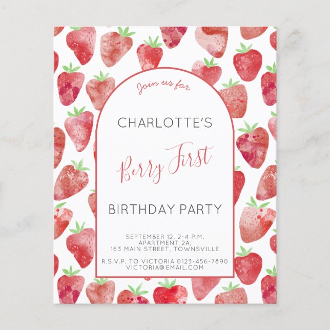 Budget Strawberry First Birthday Party Invitation Flyer (Front)