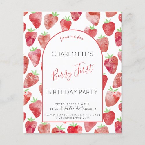 Budget Strawberry First Birthday Party Invitation Flyer