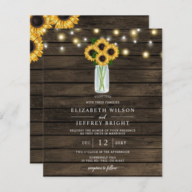 Budget String Light Sunflowers Wedding Invitation (Front/Back)