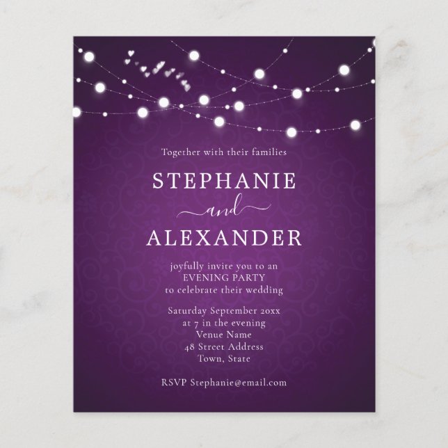 Budget String Lights Hearts Purple Wedding Evening (Front)