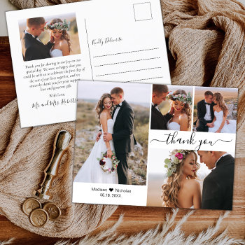 Budget Stylish 4 Photo Collage Wedding Thank You P Postcard by LilyPaperDesign at Zazzle