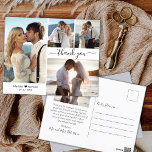 Budget Stylish 4 Photo Collage Wedding Thank You Postcard<br><div class="desc">Budget Elegant Stylish Hand Lettered Script 4 Photo Collage Wedding Thank You postcard. Minimalist wedding thank you card template featuring four photo on the front and one photo on the back. With the text "Thank you" in a swirly hand lettered typography script font with swash or in black on white...</div>