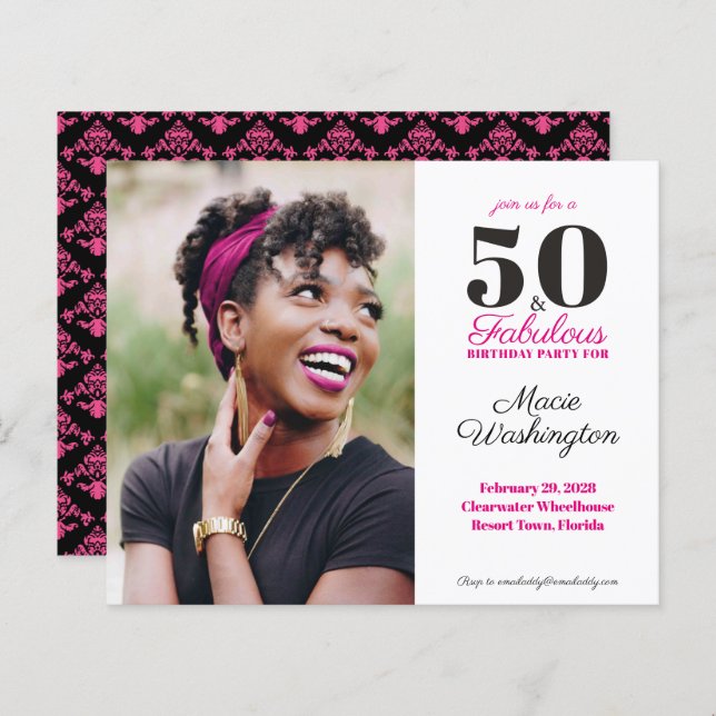 Budget Stylish Hot Pink Black Damask 50th Birthday (Front/Back)