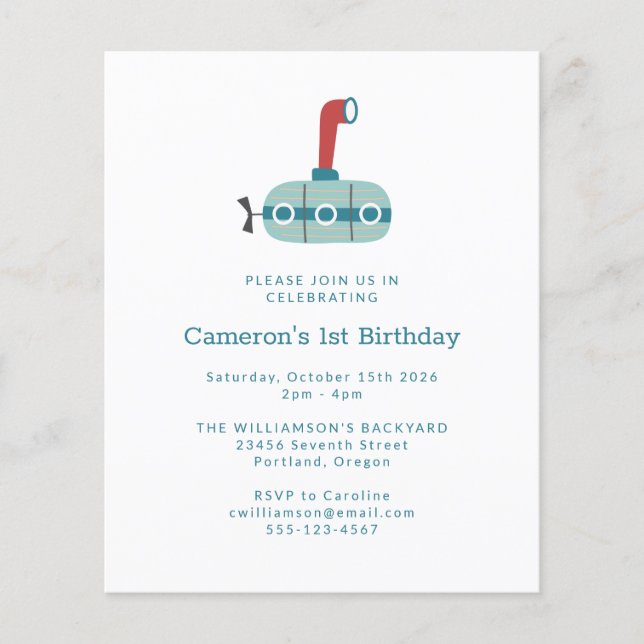 Budget Submarine Simple 1st Birthday Invitation (Front)