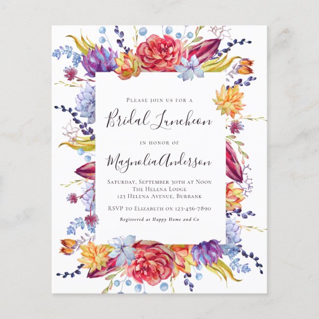 Budget Succulent Bridal Luncheon Invitation (Front)