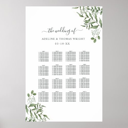 Budget Succulent Eucalyptus Leaves Wedding Seating Poster