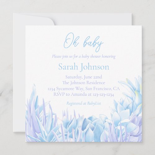 Budget Succulent Theme Oh Baby Blue Baby Shower Invitation