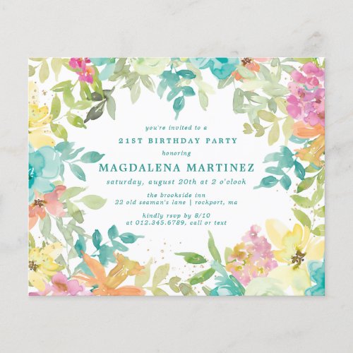 Budget Summer Floral 21st Birthday Invitation