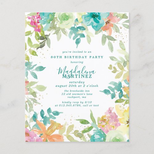 Budget Summer Floral 80th Birthday Invitation