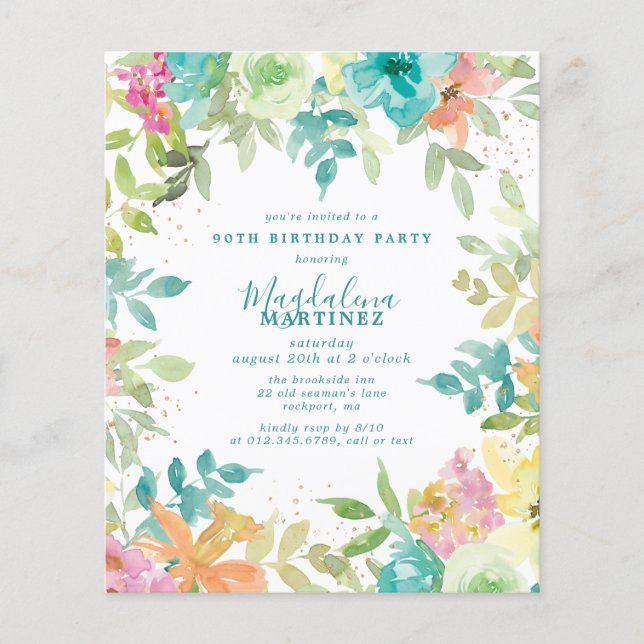 Budget Summer Floral 90th Birthday Invitation (Front)