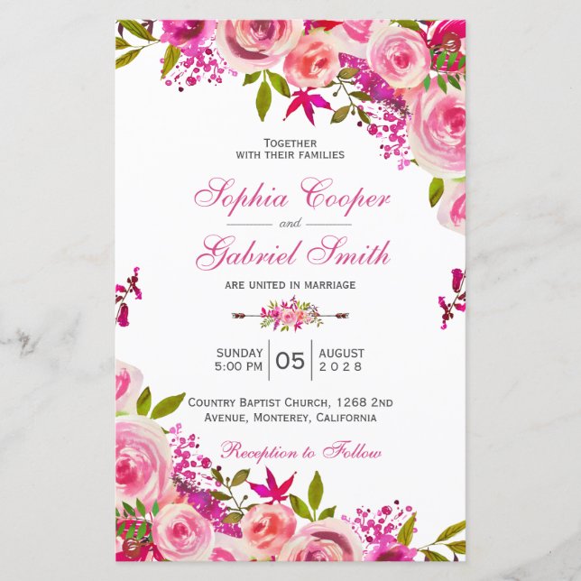 Budget Summer Hot Pink Floral Wedding Invitation (Front)