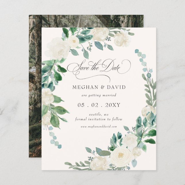 Budget Summer Spring Ivory Floral Save the Date (Front/Back)