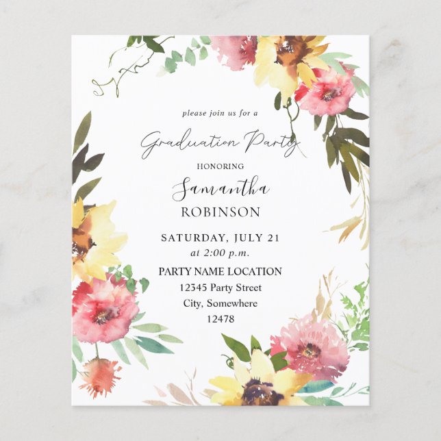 Budget Summer Sunflower Floral Graduation Party Flyer (Front)