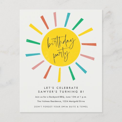 Budget Sun Script Kids Birthday Party Invitation Flyer