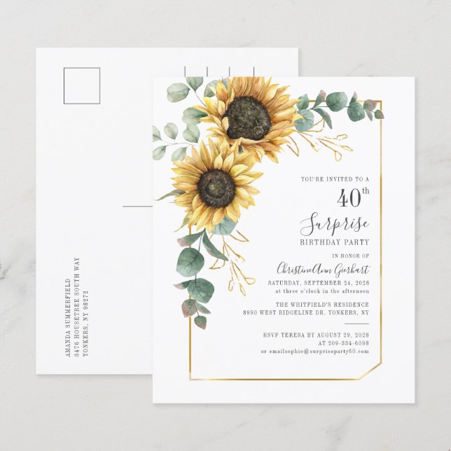 Budget Sunflower 40th Birthday Party Invitation (Front/Back)