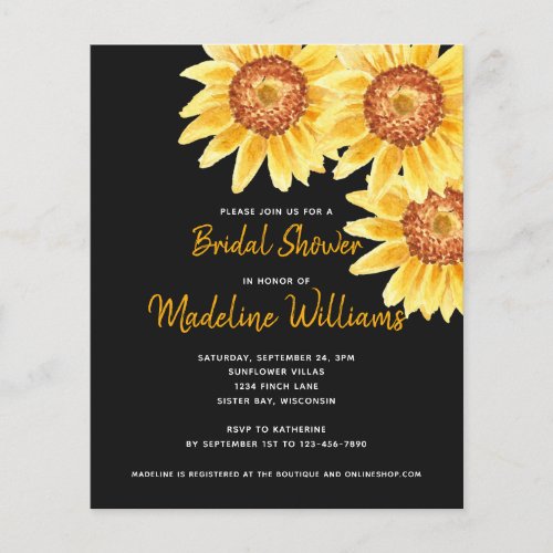 Budget Sunflower Bridal Shower Invitation Black