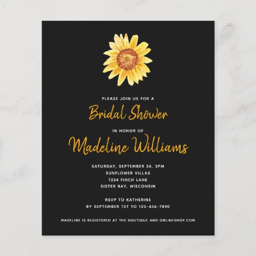 Budget Sunflower Bridal Shower Invitation Black