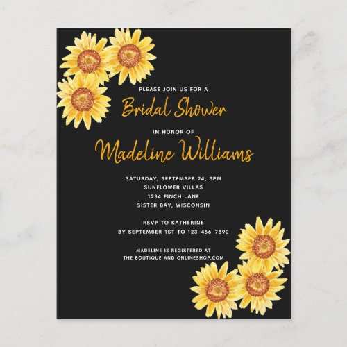 Budget Sunflower Bridal Shower Invitation Black