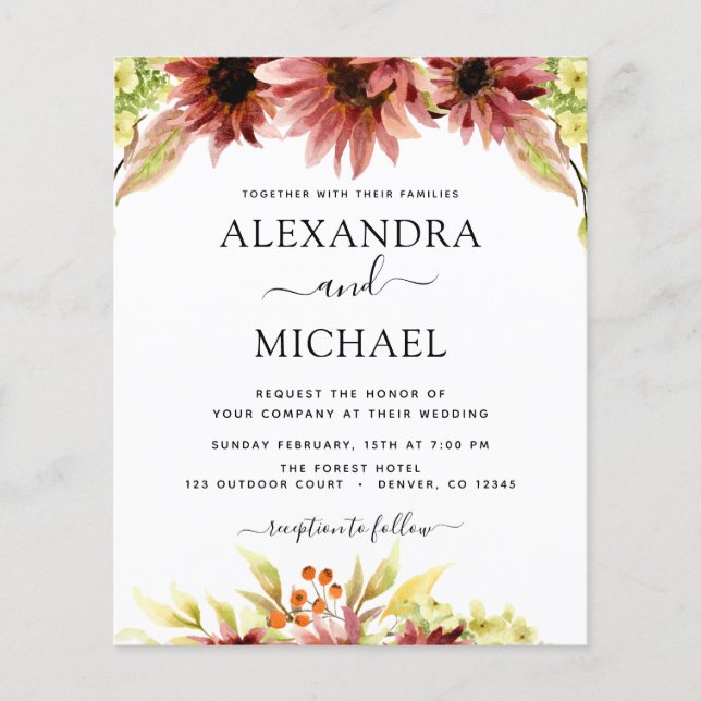 Budget Sunflower Burgundy Country Wedding Flyer (Front)