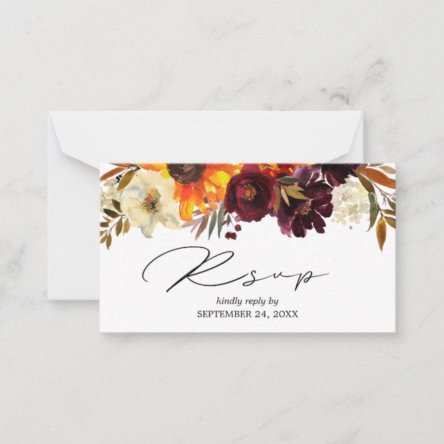 Budget Sunflower & Burgundy Floral 2SM Meal RSVP Note Card (Front)
