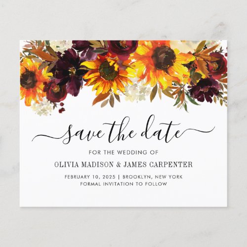 Budget Sunflower Burgundy Floral Save the Date