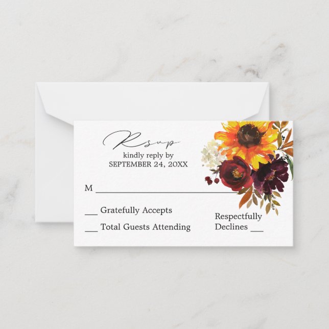 Budget Sunflower & Burgundy Floral SM No Meal RSVP Note Card (Front)
