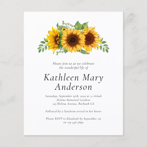 Budget Sunflower Celebration of Life Invitation